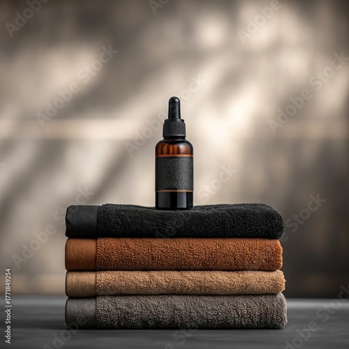 Amber glass dropper bottle with dark label resting on a stack of textured towels