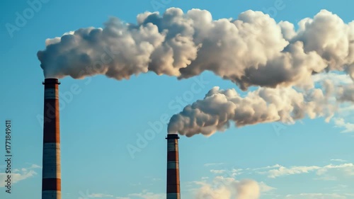 Two chimneys emitting white smoke against a serene blue sky