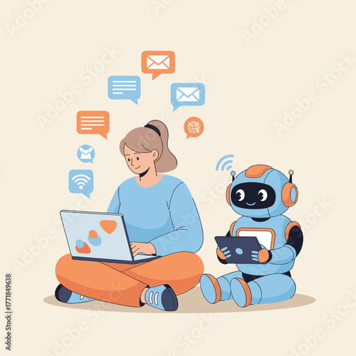 Woman Interacting with Cute Robot, Surrounded by Digital Communication Icons. 