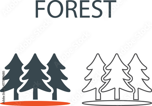 Forest Line art icons. Containing hiking, camping, snorkeling, climbing, and travel. Outdoor activity concept. Solid icon collection.