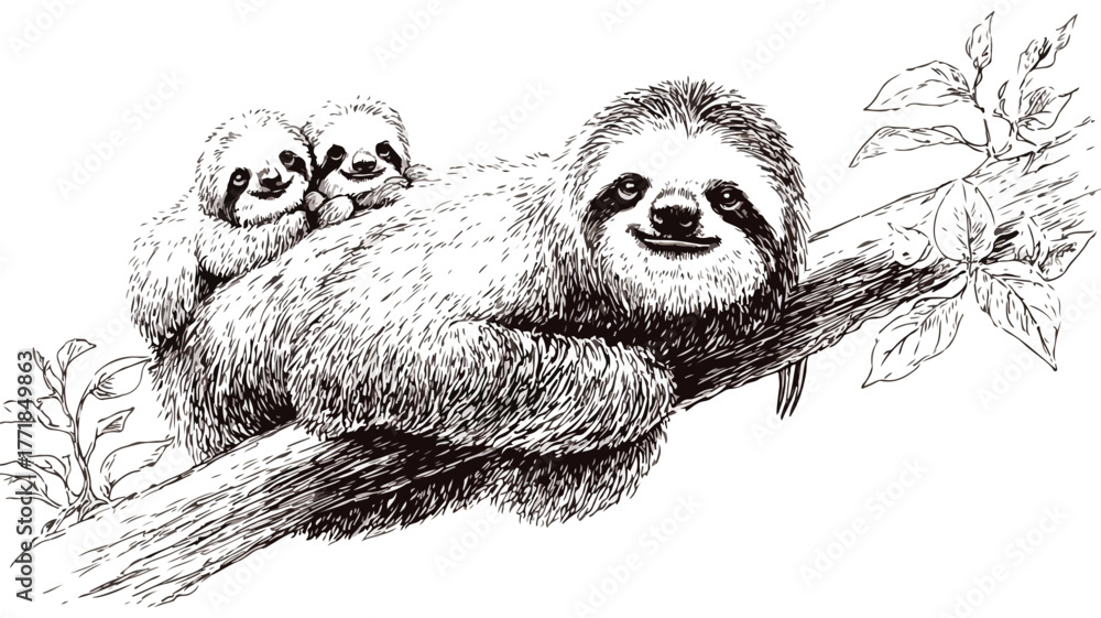 Naklejka premium Adorable Sloth Family Drawing on Tree Branch - Vector Illustration for Design Projects