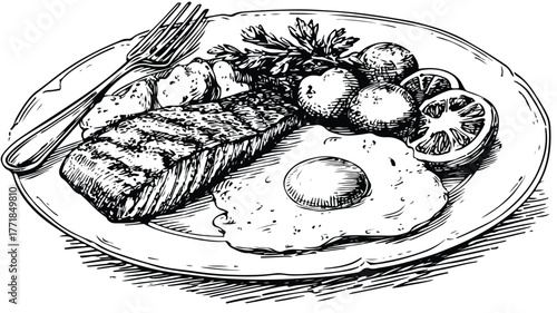 Elegant Vector Drawing of Food Plated Professionally with Detailed Outline