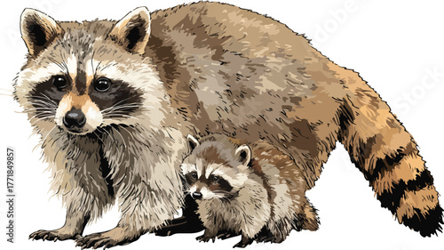Cute Raccoon and Baby Vector Drawing with Outline Isolated