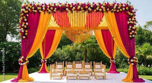 Vibrant Indian Wedding Mandap Decorated with Flowers and Seating Arrangement ceremony marriage