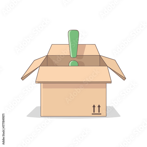 Open Cardboard Box with Green Exclamation Mark for Urgent Package Notification