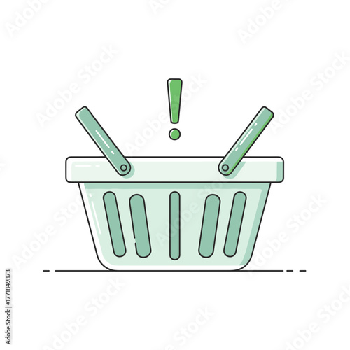 Shopping Basket with Green Exclamation Mark for Urgent Purchase Notification