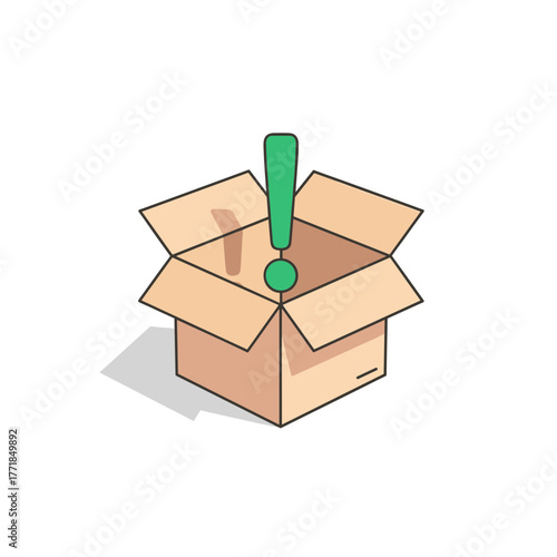 Open Cardboard Box with Green Exclamation Mark for Important Delivery Alert