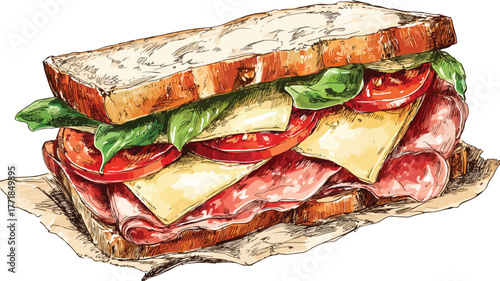 Delicious Sandwich with Meat and Cheese Vector Illustration for Food Concepts