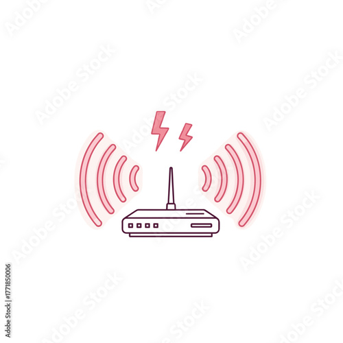 High-Speed Wifi Router with Powerful Pink Wireless Signals and Lightning Symbols
