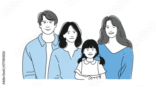 Professional Family Photo with Little Girl in Vector Outline Style