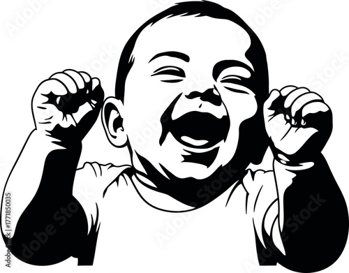 Joyful baby with arms raised in excitement and laughter isolated on white background