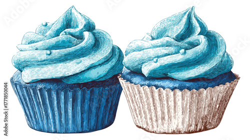 Delicious Cupcakes with Blue Icing - Vector Illustration for Bakery Designs