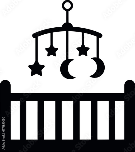 Simple silhouette of a baby crib with a celestial mobile hanging above