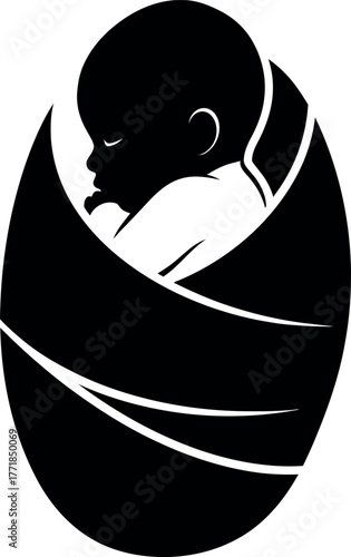 Stylized silhouette of a newborn baby wrapped in a swaddle blanket in a protective cocoon shape