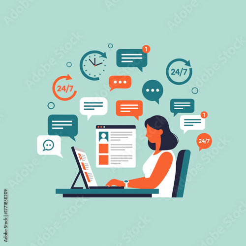 Woman multitasking at a laptop, surrounded by chat bubbles, 24/7 icons, and a clock, representing busy online work, customer service, or digital communication.