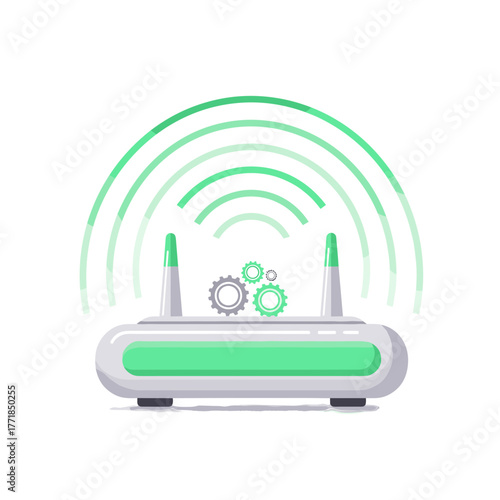 Modern Wi-Fi Router with Gears and Strong Wireless Signal, Representing Robust Network Connectivity.