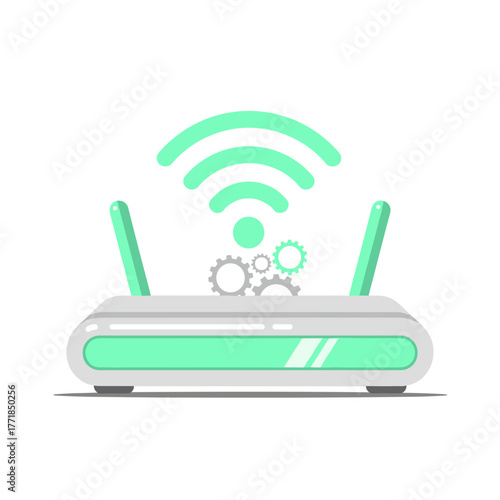 Wi-Fi Router with Gears and Wireless Signal Waves, Symbolizing Network Configuration and Connectivity.