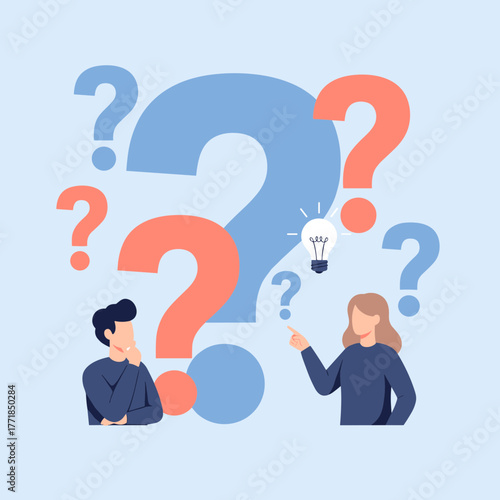 Two people surrounded by question marks, one pointing to a lightbulb, symbolizing problem-solving, ideas, confusion, or brainstorming, flat vector concept.