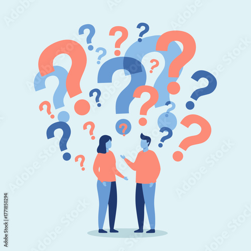 Two people surrounded by numerous question marks, symbolizing confusion, uncertainty, problem-solving, or seeking answers, flat vector concept.