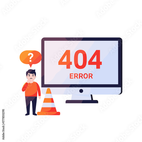 Confused Man Beside Computer Displaying 404 Error and Traffic Cone, Representing Page Not Found Issue.