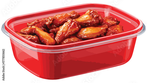 Delicious Chicken Wings Served in Red Plastic Container Vector Illustration