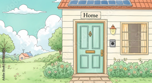 Charming illustration of a quaint suburban house featuring a modern solar panel on the roof, nestled in a peaceful green landscape under a bright sky, symbolizing sustainable family living