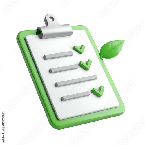 A 3D rendered clipboard with a green frame, checklist, and leaf