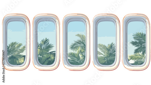 A Row of Airplane Windows with a Palm Tree Below - Vector Illustration