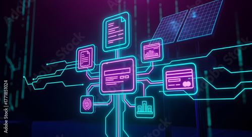 Futuristic digital network visualizes secure data flow and online transactions within an interconnected system, showcasing modern information processing and technological infrastructure