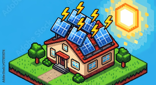 Vibrant isometric pixel art illustration depicting a house with solar panels generating clean energy from the sun, symbolizing renewable power and sustainable eco-friendly technology