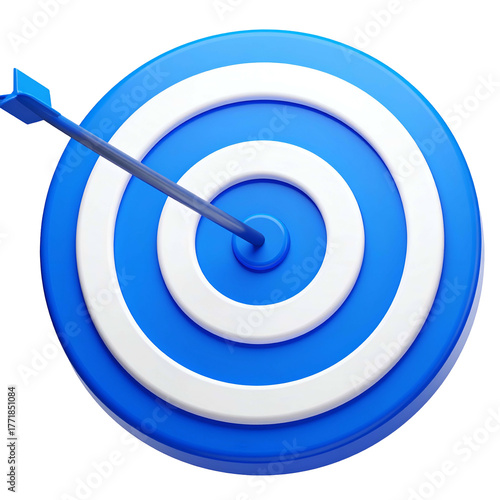 A 3D rendered illustration of a blue and white target with an arrow hitting the bullseye