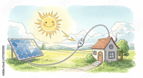 A happy sun shines brightly, powering a cozy home through an efficient solar panel system, demonstrating clean, renewable energy generation and sustainable living solutions for a greener