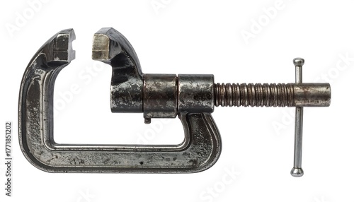 Vintage Metal C-Clamp Tool Isolated on White Background.