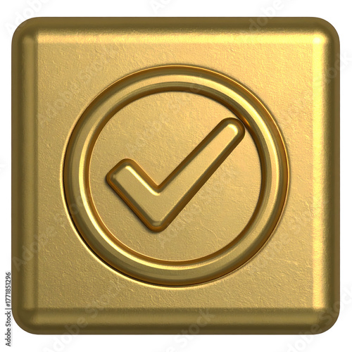 A 3D rendered, golden square with a raised circular frame containing a checkmark