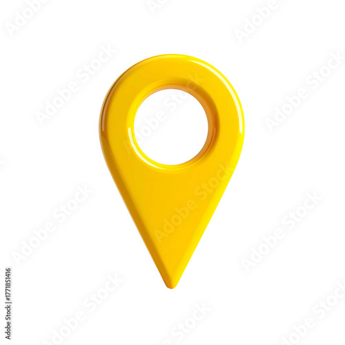 A 3D rendered, shiny yellow location pin icon on a solid black background