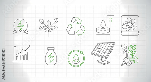 Vector line icons illustrating environmental sustainability, renewable energy, and eco-friendly concepts. Perfect for green technology, ecological conservation, and resource management designs