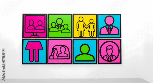 Colorful graphic icons depicting diverse human interactions, professional roles, family structures, individual journeys, and collective community engagement, presented as a modern visual metaphor