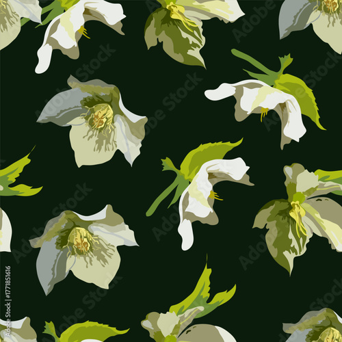 Vector seamless floral pattern on a dark green background with light yellow anemone flowers