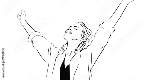 Energetic Woman with Raised Arms Vector Illustration on White Background