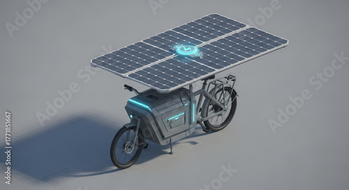 Futuristic solar-powered cargo e-bike designed for efficient and environmentally conscious city logistics, featuring renewable energy integration and advanced technology solutions