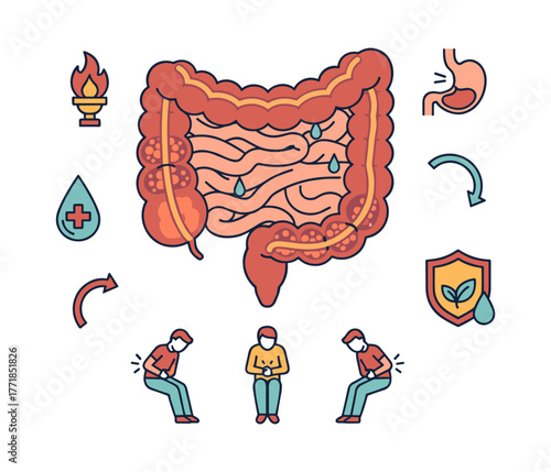 Human intestine experiencing pain and stomach inflammation symptoms