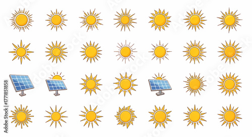 A vibrant collection of diverse sun icons and solar panel symbols, illustrating concepts of renewable energy, summer weather, and environmental sustainability for modern graphic design applications