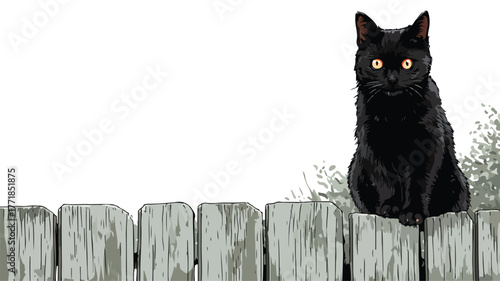 Cute Black Cat Perched on Fence, Enjoying Coloring Fun Vector Design