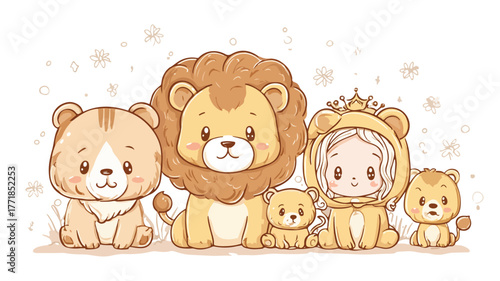 Cute Lion Family and Baby Cartoon Characters Vector Illustration
