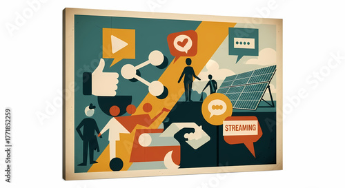 Vibrant conceptual artwork illustrating the multifaceted aspects of online social networking, digital content consumption, information exchange, and technological progress with sustainable elements