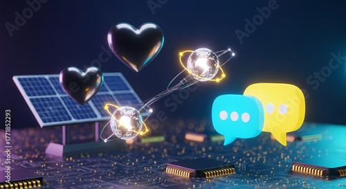 Conceptual illustration depicting the harmonious fusion of advanced technology, sustainable energy, and digital communication, symbolizing global connectivity and shared human values in a futuristic