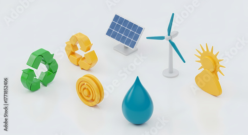 A collection of 3D environmental sustainability icons, including solar panels, wind turbines, recycling, and water. Visualizes renewable energy concepts and eco-friendly practices for a greener future