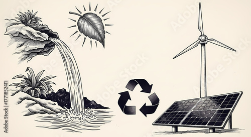 Hand-drawn illustration of sustainable energy solar, wind, and hydropower, with nature and a recycling symbol, representing a greener future and ecological balance