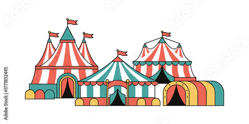 Striped circus tents and big tops forming a festive carnival scene