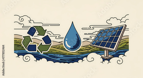 An artistic representation of environmental sustainability, featuring a recycling symbol, a water drop, and a solar panel, conveying themes of clean energy, resource conservation, and a greener future